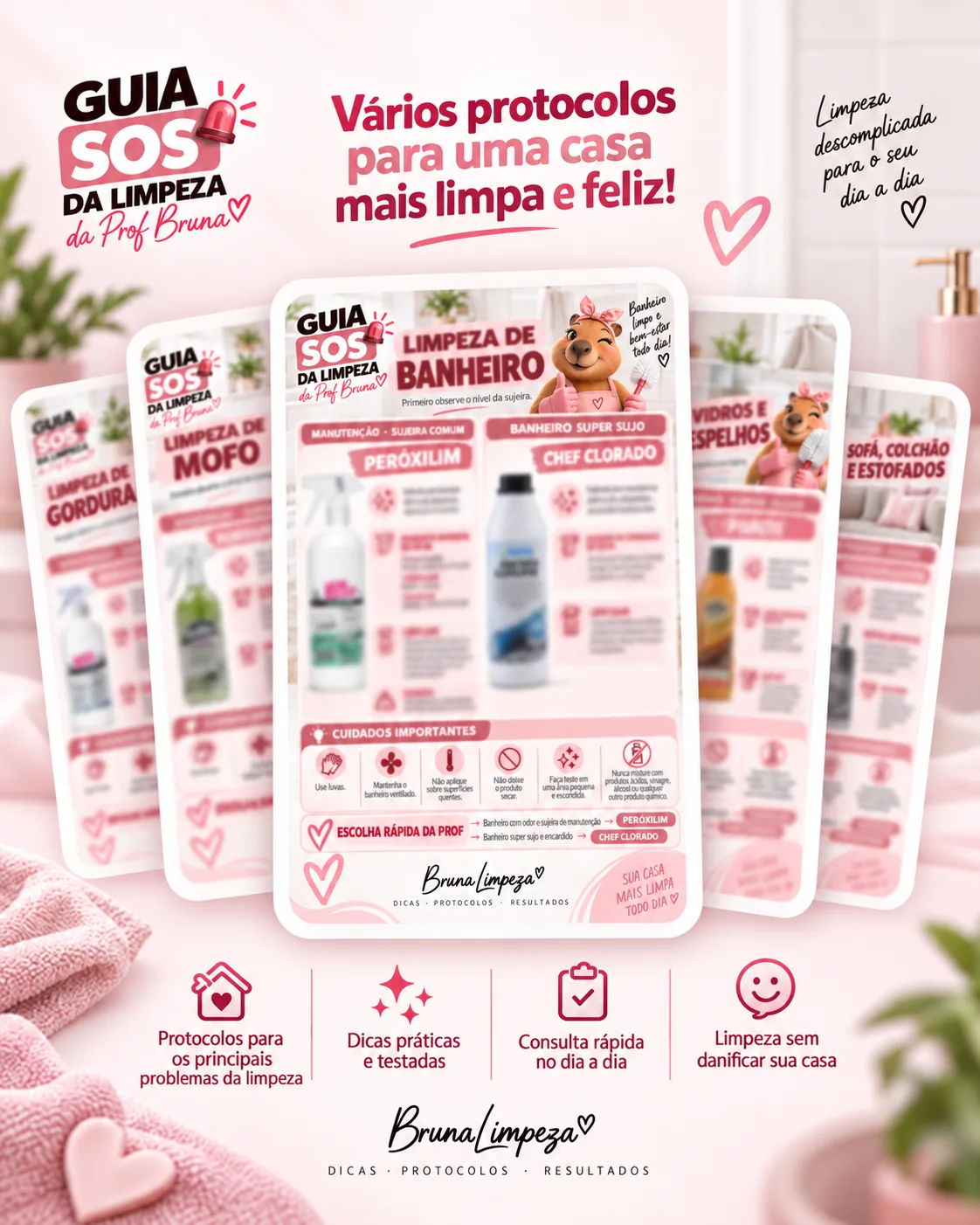 Páginas reais do Guia SOS da Limpeza da Prof. Bruna: protocolos de limpeza para gordura, mofo, banheiro, vidros e espelhos, sofá, colchão e estofados